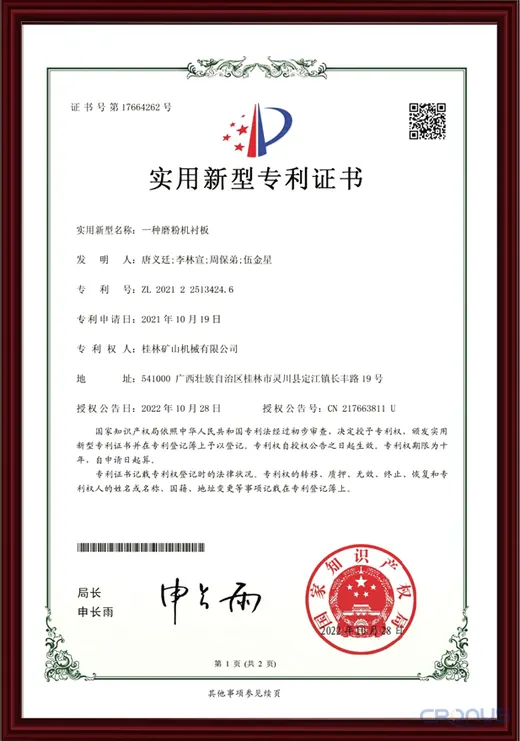 Utility model patent certificate of Cronus mill
